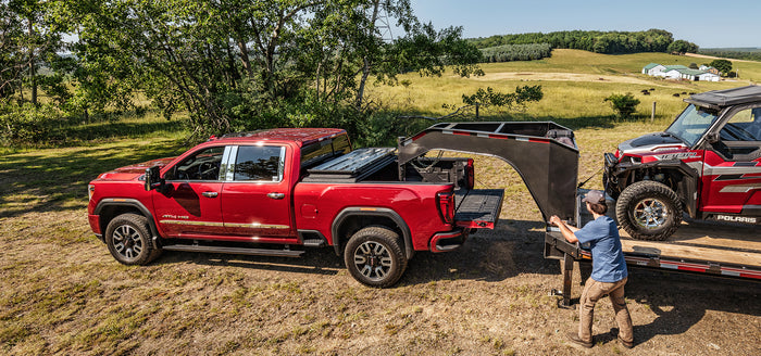 DiamondBack Switchback Folding Tonneau Cover With Gooseneck Trailer